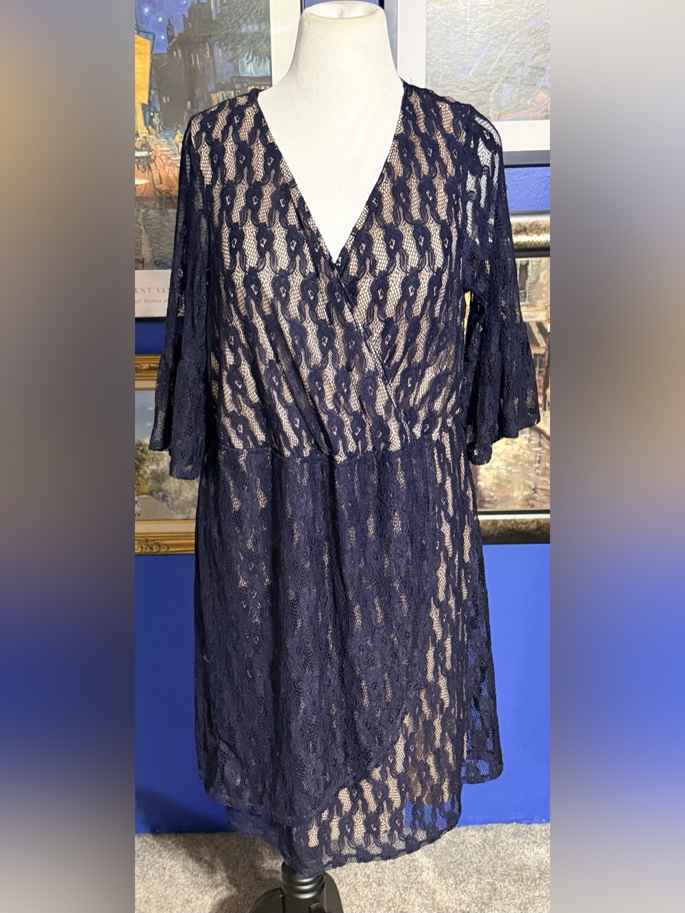 Wrapper Navy Lace Wrap-Front Long Sleeve Dress
